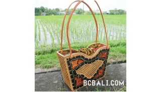 wooden handbag with grass straw rattan full handmade unique